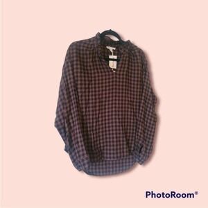 Beachlunchlounge Women's Checkered Ruffle Blouse High Low Size M Mahogany NWT